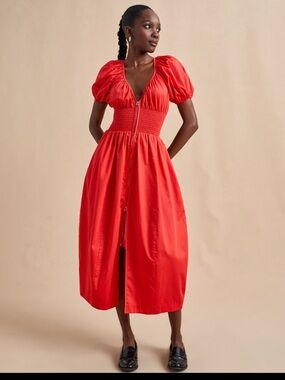 La Ligne Celina Poppy Red Puff-Sleeve Midi Dress with Smocked Waist